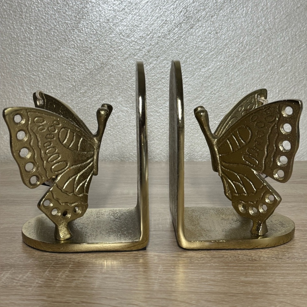 Butterfly Handcrafted in India Bookends   Set Gold Brass Tone Heavy Metal
